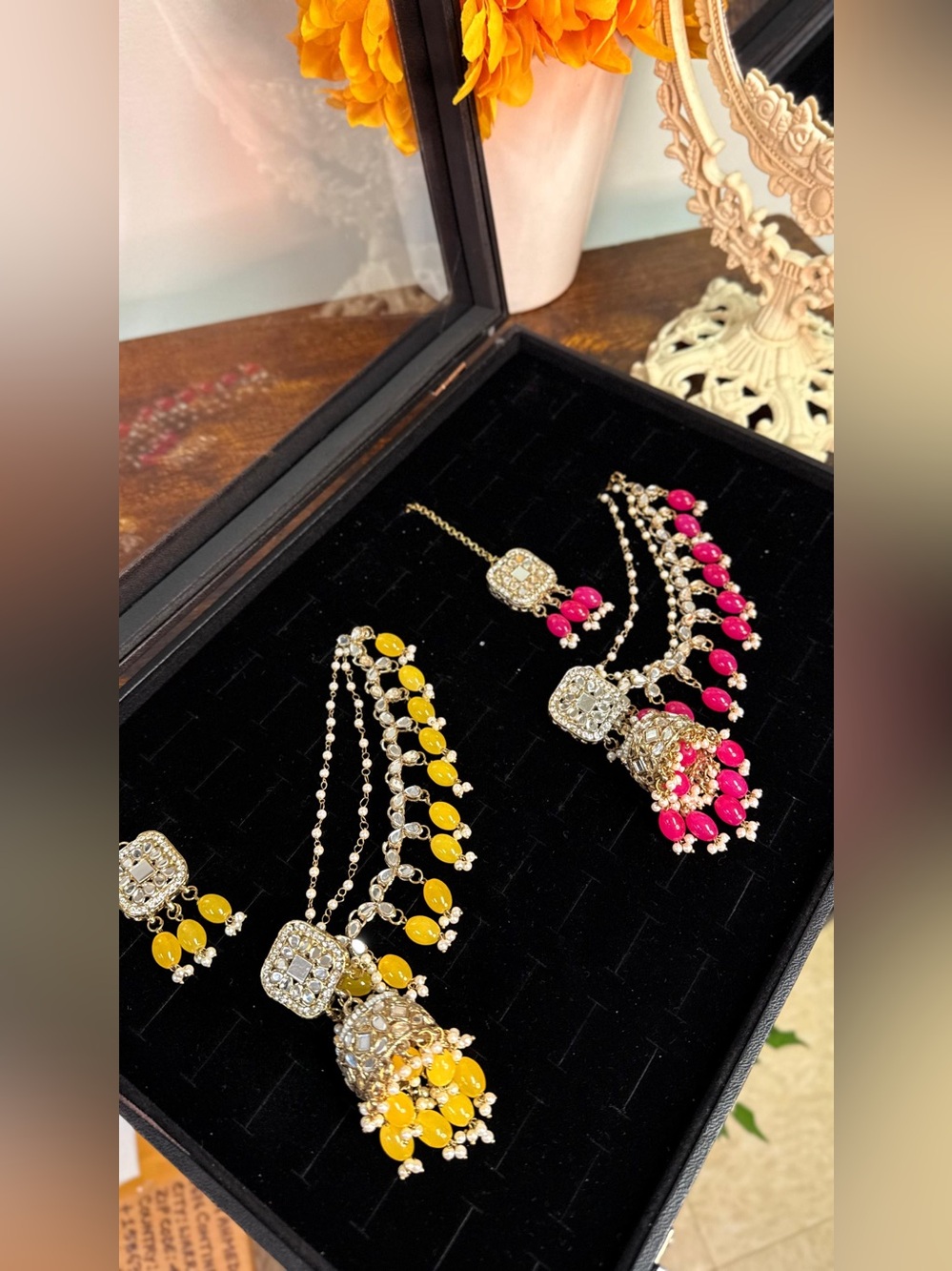 Elegant Women Jewelry Jhumka Earrings with Beaded Drops - Yellow & Pink